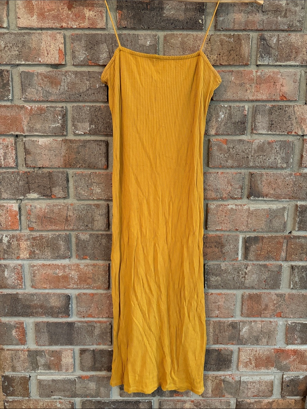 Mind Code Mustard Ribbed Midi Slip Dress with Spaghetti Straps